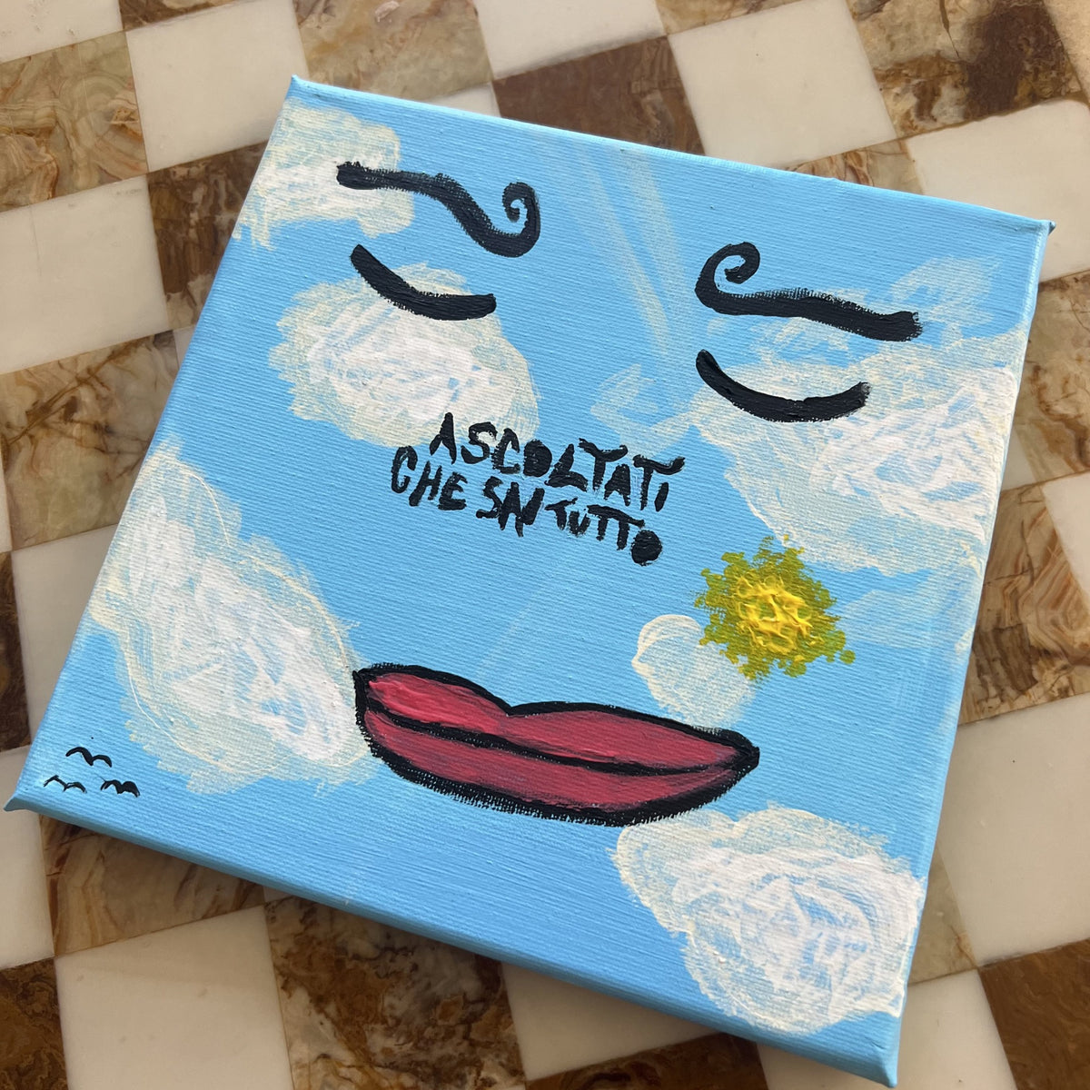 Ascoltati che sai tutto, acrilico su tela 20x20 cm, BiancoMat