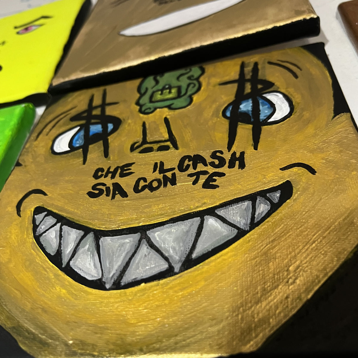 Che il cash sia con te (prima versione), acrilico su tela 20x20 cm, BiancoMat