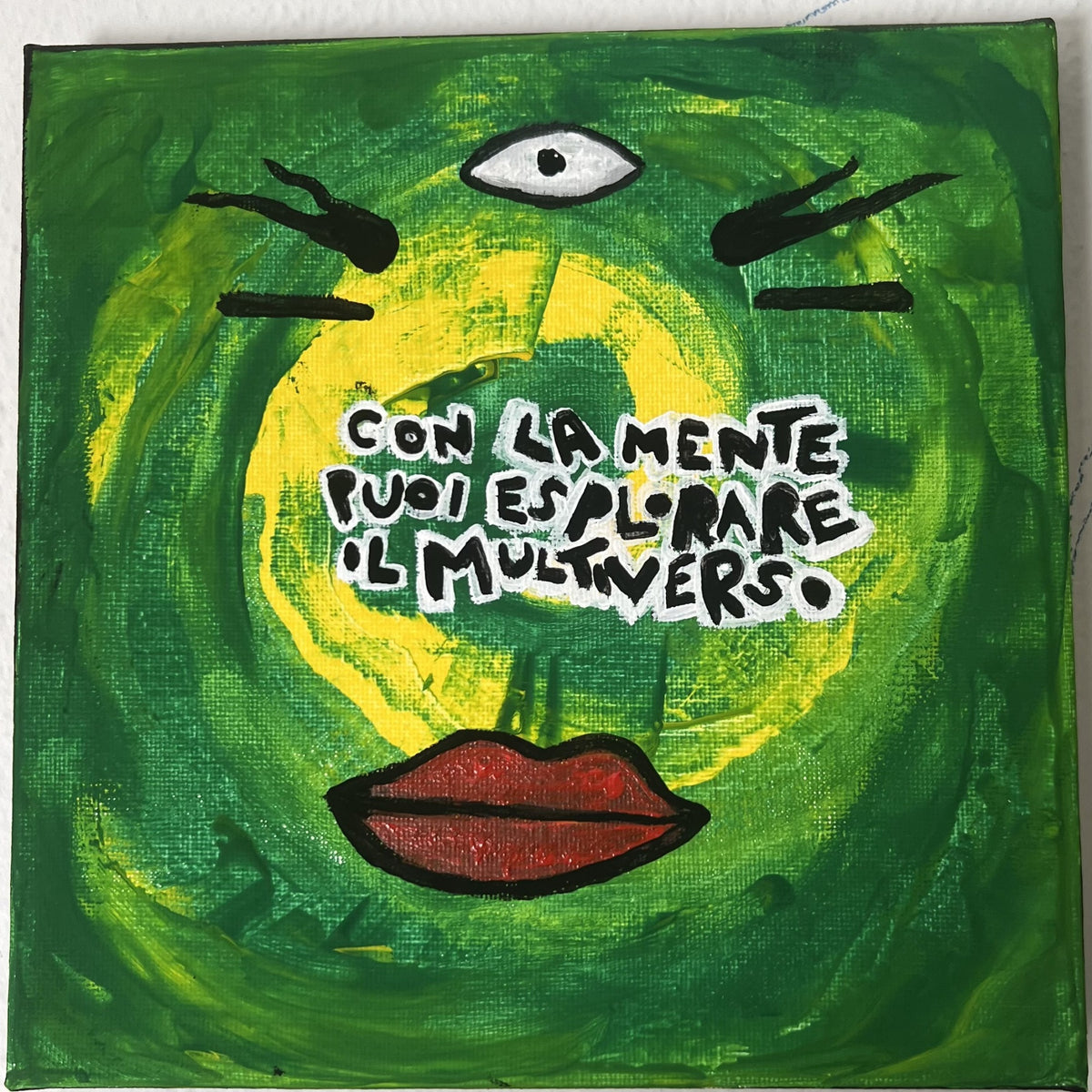 Con la mente puoi esplorare il multiverso, acrilico su tela 20x20 cm, BiancoMat