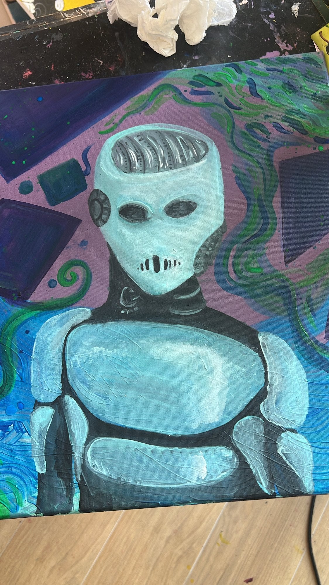 Escape Room robot — il quadro dal vivo, fotografato in atelier
