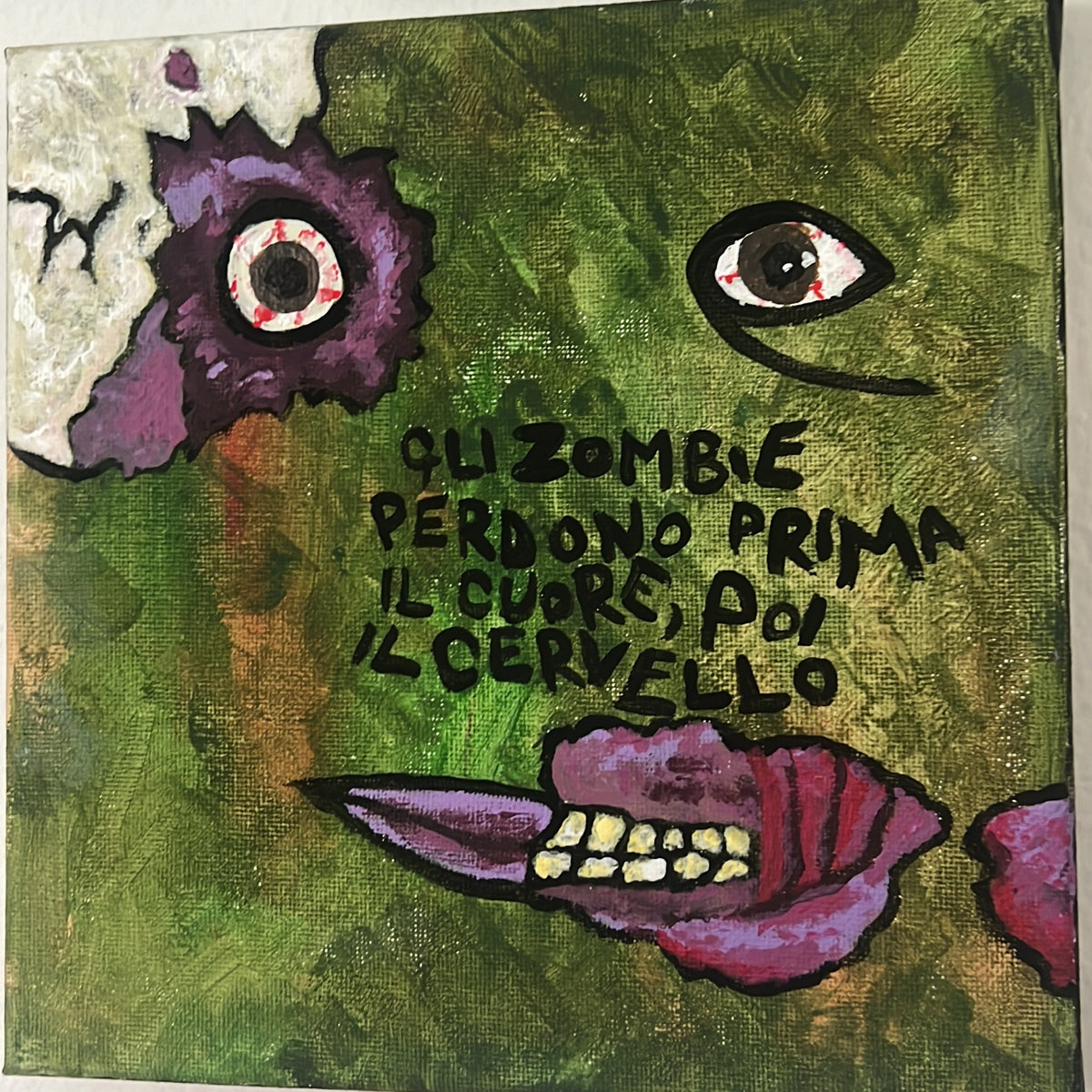 Gli zombie perdono prima il cuore, acrilico su tela 20x20 cm, BiancoMat