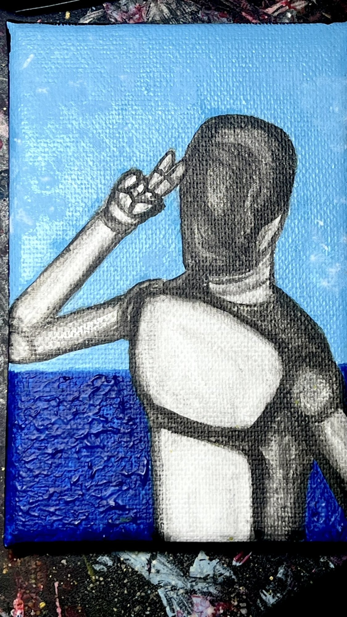 Influencer robot — il quadro dal vivo, fotografato in atelier