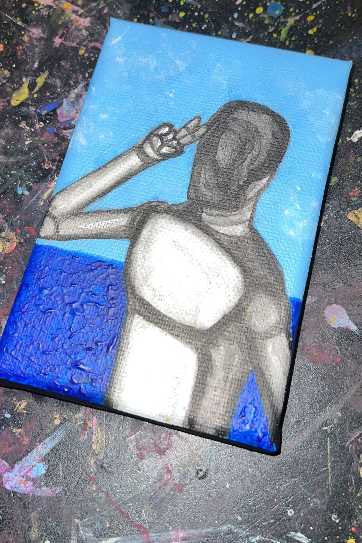 Influencer robot, acrilico su tela 5x10 cm, BiancoMat