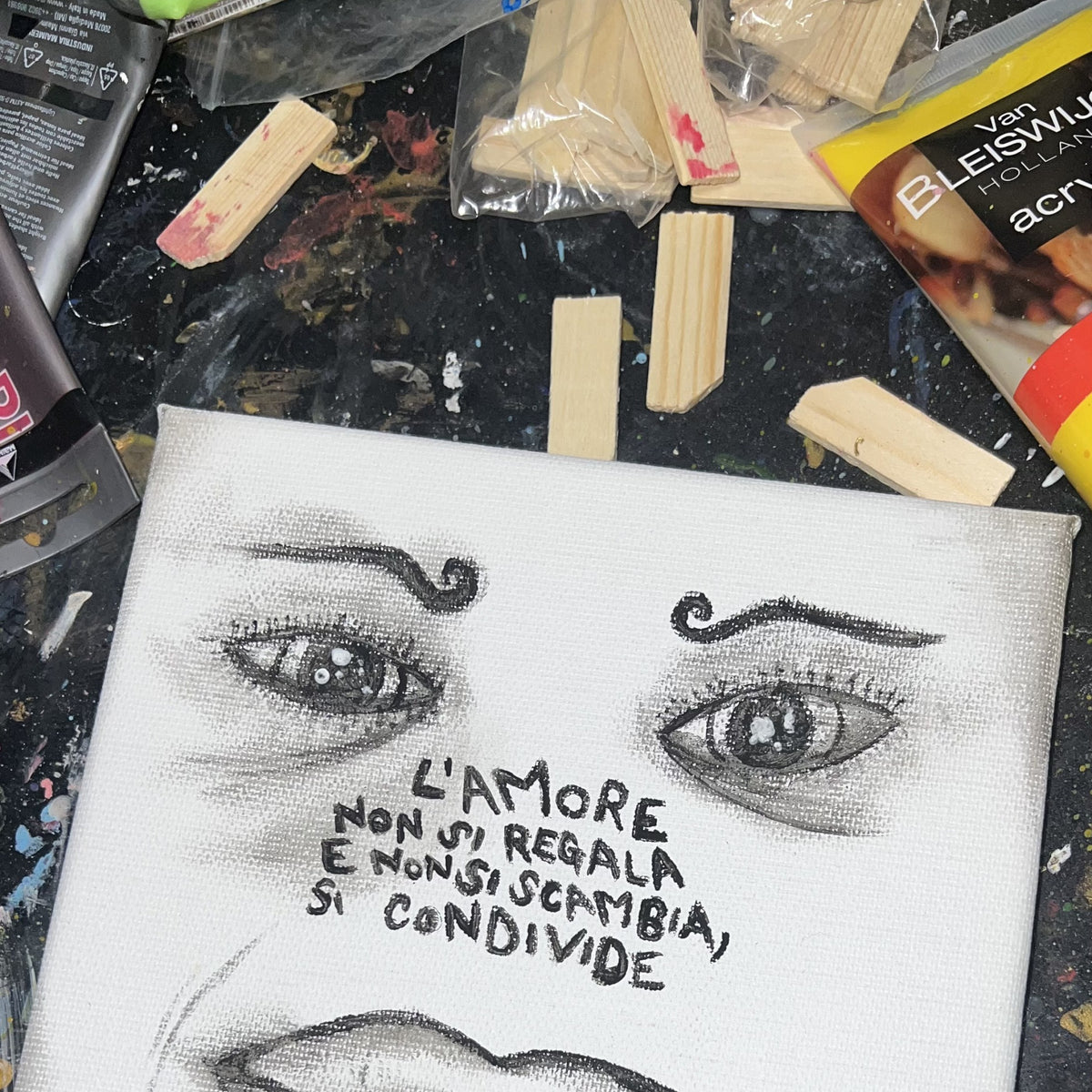 L'amore si condivide, acrilico su tela 20x20 cm, BiancoMat