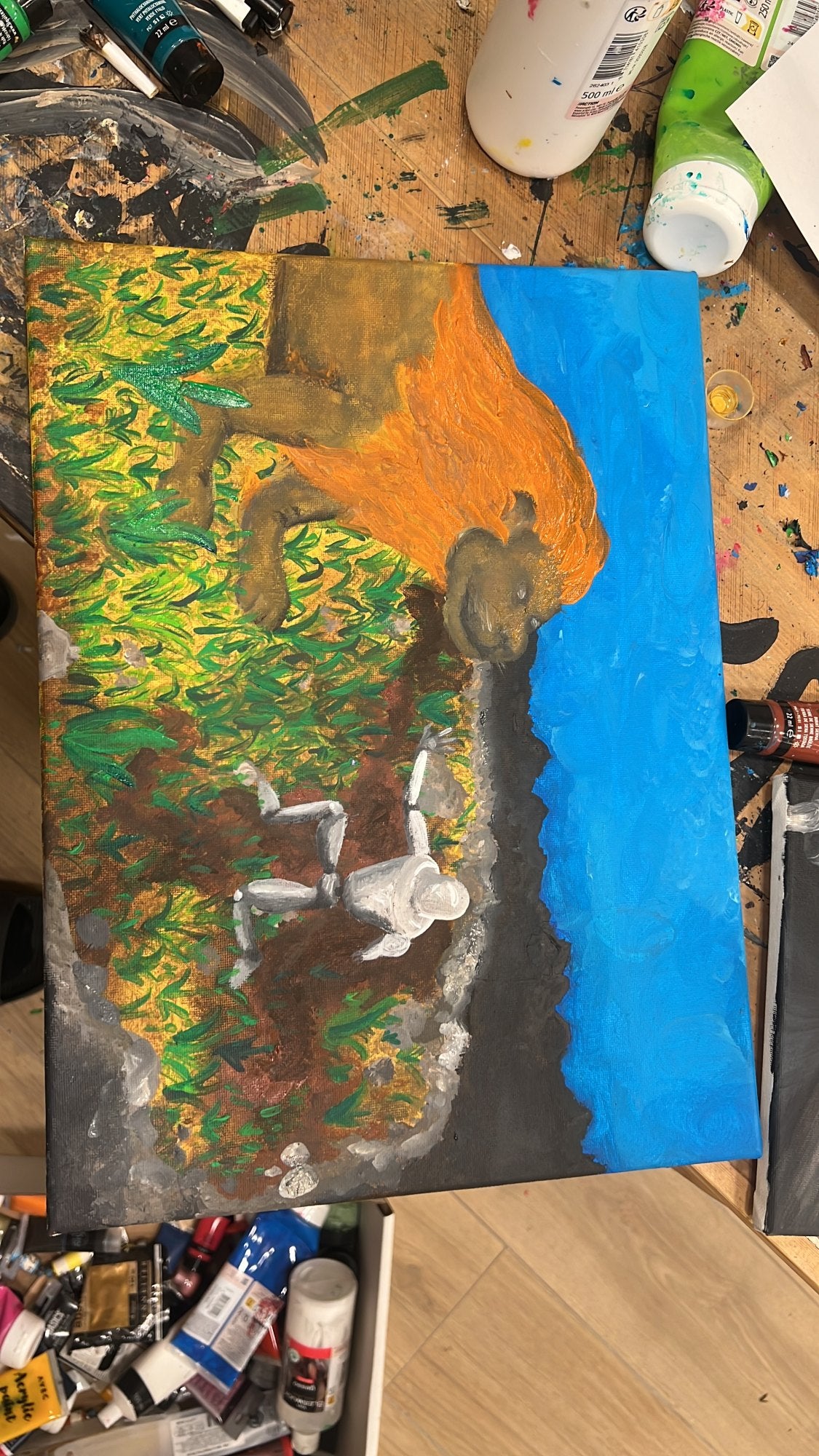 Leone Vs. Robot — il quadro dal vivo, fotografato in atelier