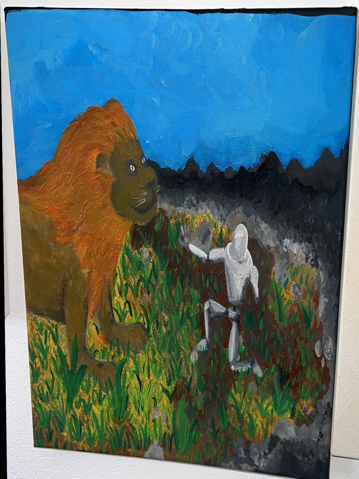 Leone Vs. Robot, acrilico su tela 30x40 cm, BiancoMat