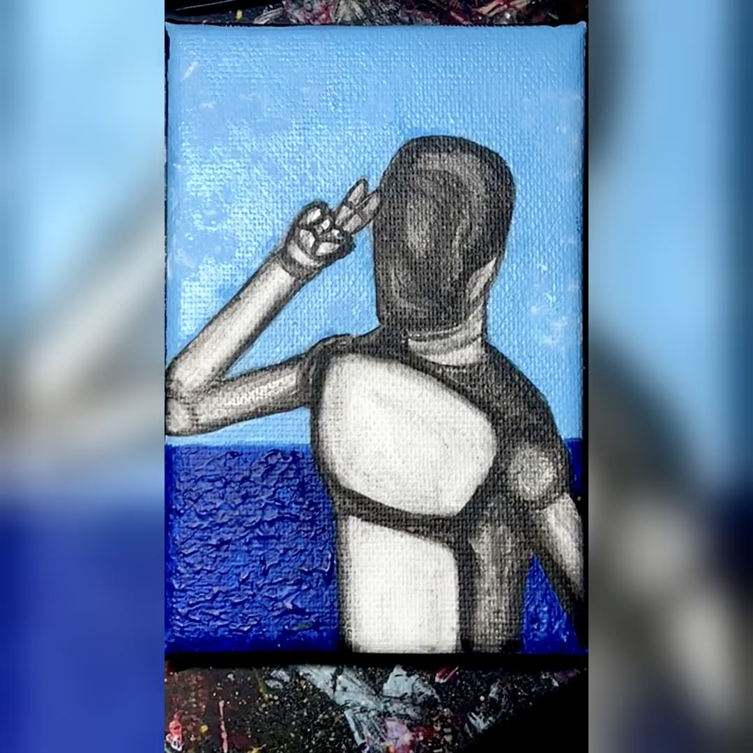 Influencer robot - giro dell'opera: il quadro ripreso dal vivo, dalle prime clip alle ultime. Dipinto originale di BiancoMat.