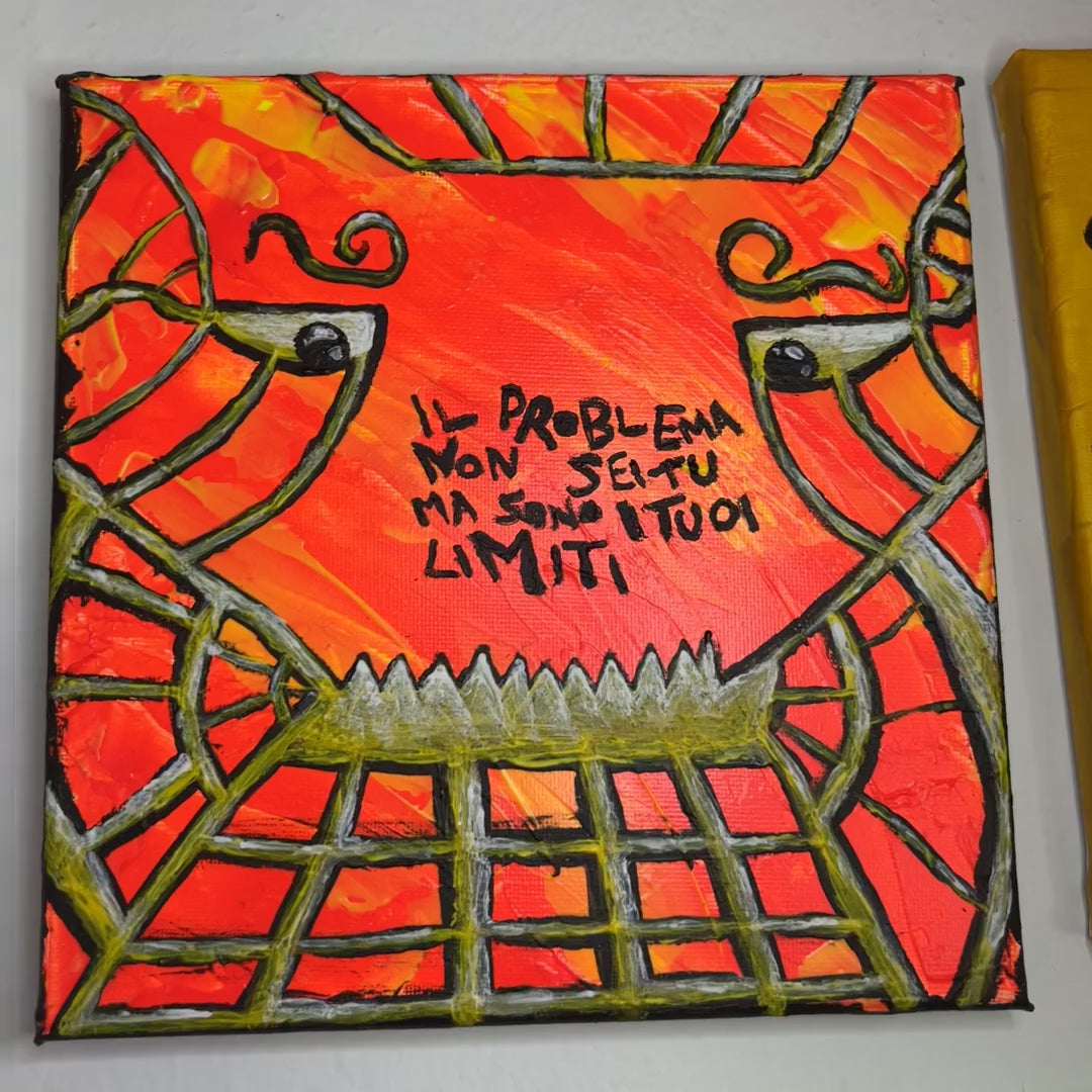 Il problema non sei tu - giro dell'opera: la tela intera, i dettagli della materia e il quadro nello studio. Dipinto originale di BiancoMat.