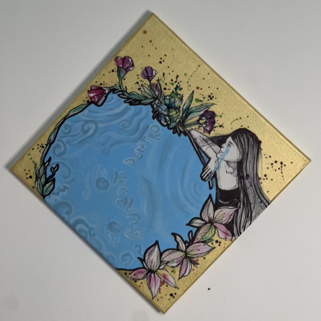 Guardati dentro - giro dell'opera: la tela intera, i dettagli della materia e il quadro nello studio. Dipinto originale di BiancoMat.