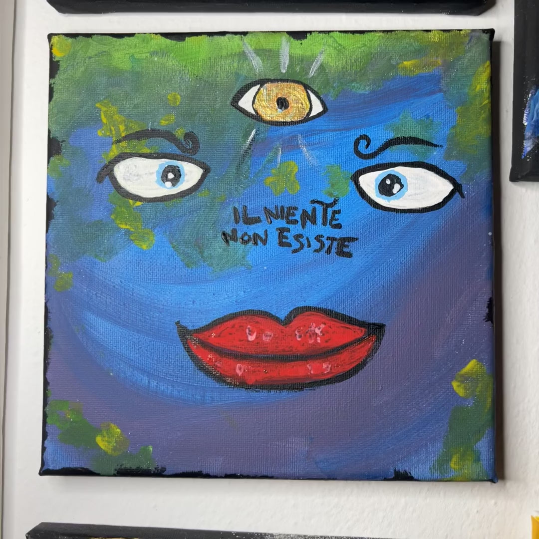 Il niente non esiste - giro dell'opera: la tela intera, i dettagli della materia e il quadro nello studio. Dipinto originale di BiancoMat.