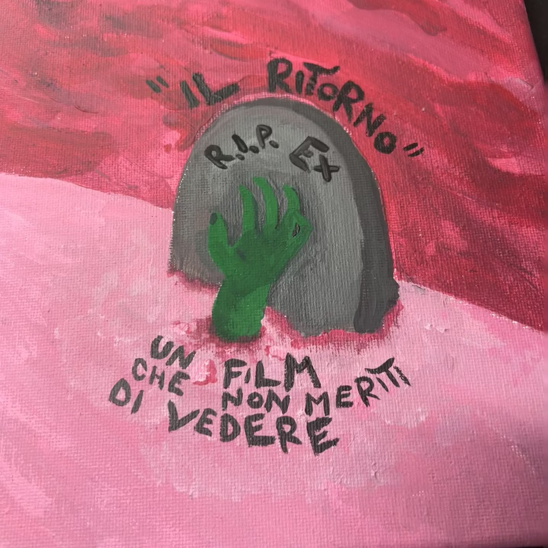 Il ritorno - giro dell'opera: la tela intera, i dettagli della materia e il quadro nello studio. Dipinto originale di BiancoMat.