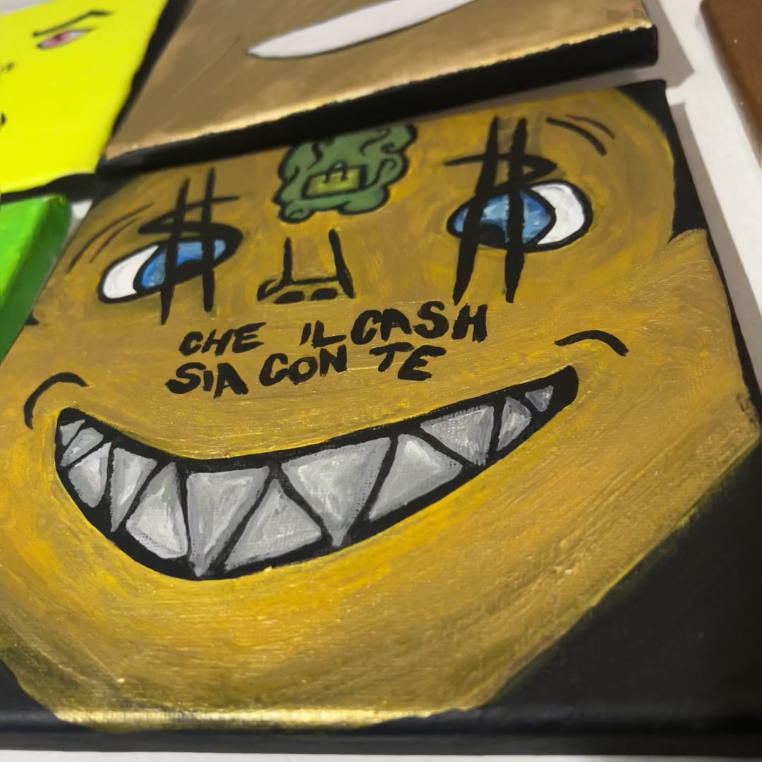 Che il cash sia con te - giro dell'opera: la tela intera, i dettagli della materia e il quadro nello studio. Dipinto originale di BiancoMat.