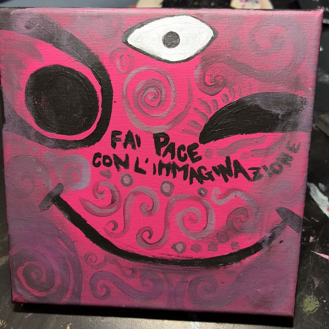 Fai pace con l'immaginazione - giro dell'opera: la tela intera, i dettagli della materia e il quadro nello studio. Dipinto originale di BiancoMat.