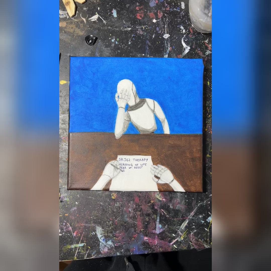 Un robot in terapia - giro dell'opera: il quadro ripreso dal vivo, dalle prime clip alle ultime. Dipinto originale di BiancoMat.
