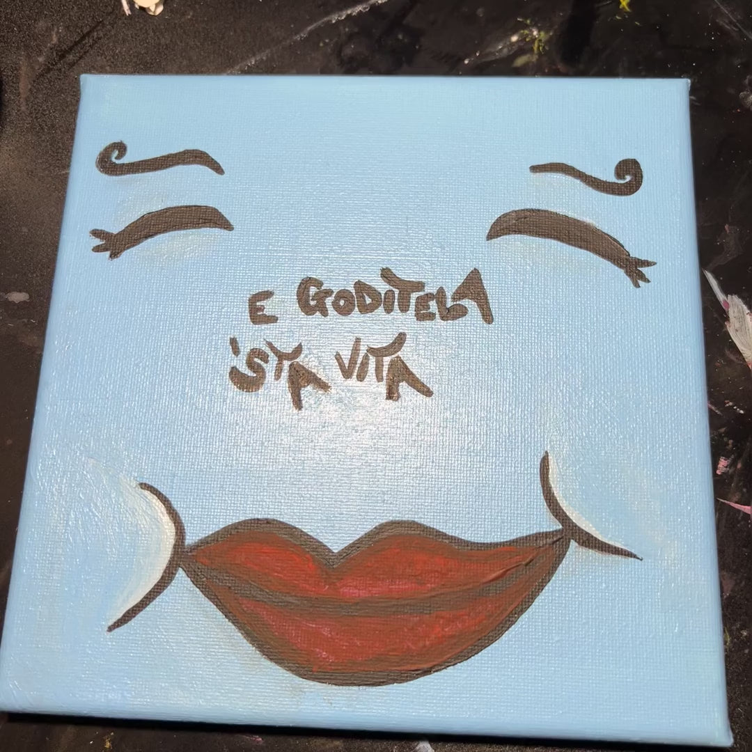 Goditela 'sta vita - giro dell'opera: la tela intera, i dettagli della materia e il quadro nello studio. Dipinto originale di BiancoMat.