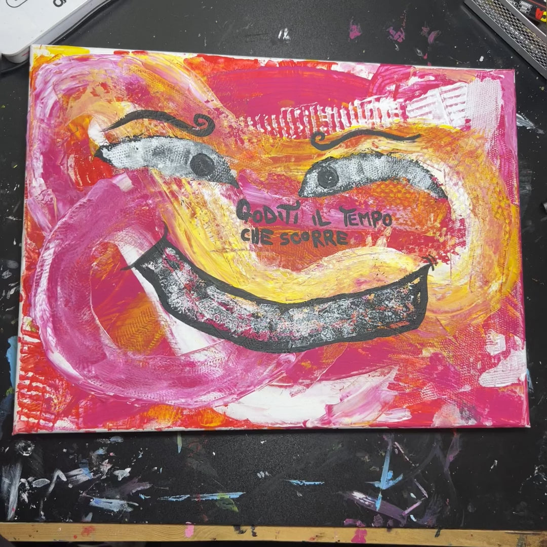 Goditi il tempo che scorre - giro dell'opera: la tela intera, i dettagli della materia e il quadro nello studio. Dipinto originale di BiancoMat.