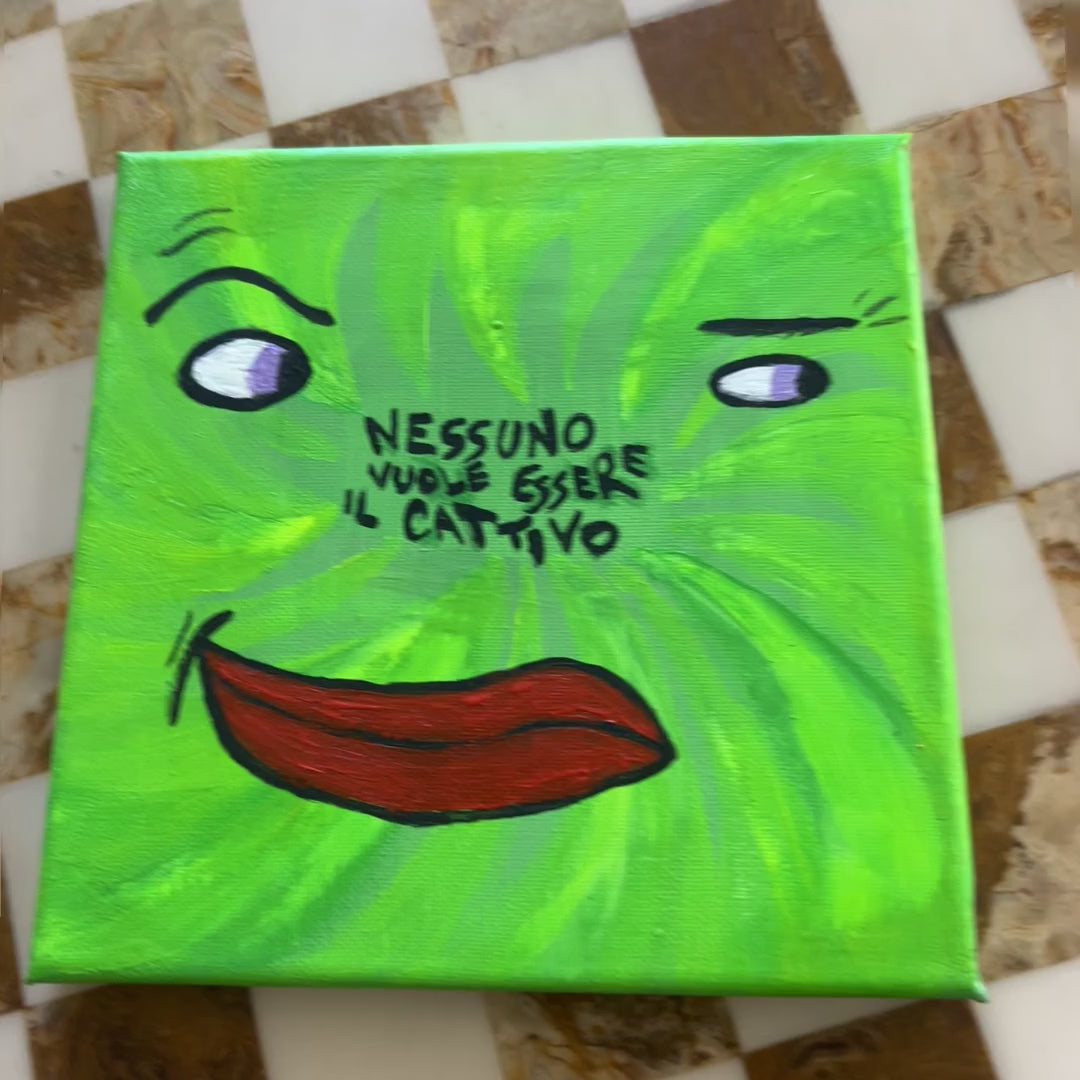Nessuno vuole essere il cattivo - giro dell'opera: la tela intera, i dettagli della materia e il quadro nello studio. Dipinto originale di BiancoMat.