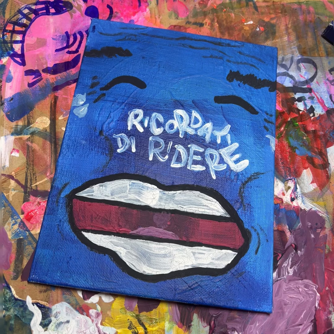 Ricordati di ridere - giro dell'opera: la tela intera, i dettagli della materia e il quadro nello studio. Dipinto originale di BiancoMat.