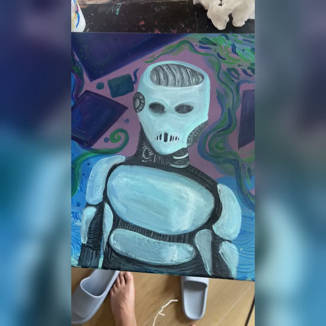 Escape Room robot - giro dell'opera: il quadro ripreso dal vivo, dalle prime clip alle ultime. Dipinto originale di BiancoMat.