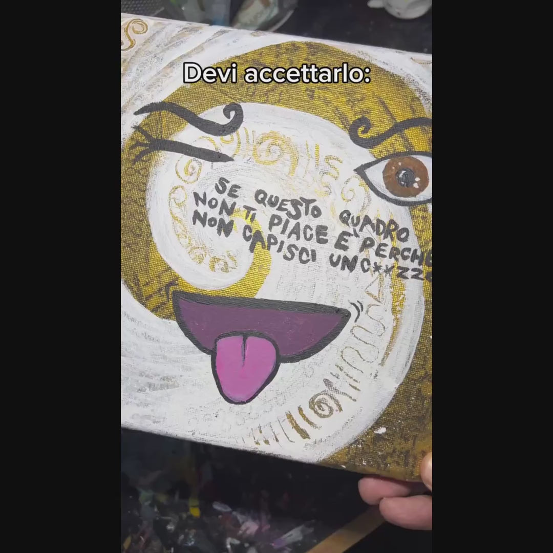 Autocelebrante - giro dell'opera: la tela intera, i dettagli della materia e il quadro nello studio. Dipinto originale di BiancoMat.