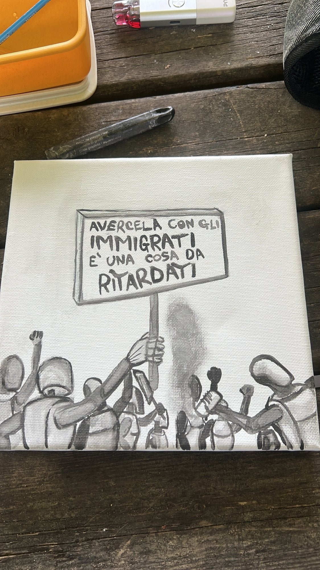 Protesta Robot — il quadro dal vivo, fotografato in atelier