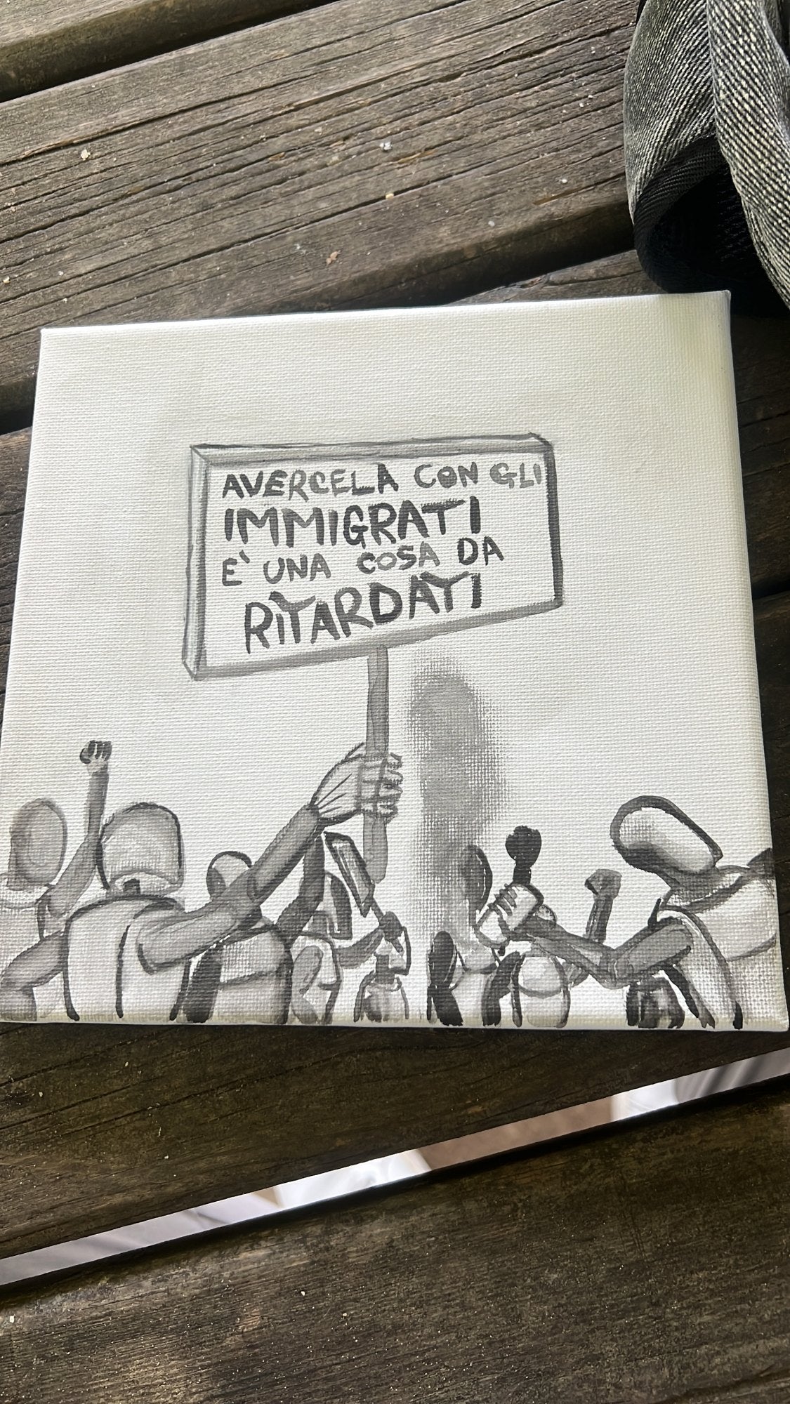 Protesta Robot — il quadro dal vivo, fotografato in atelier