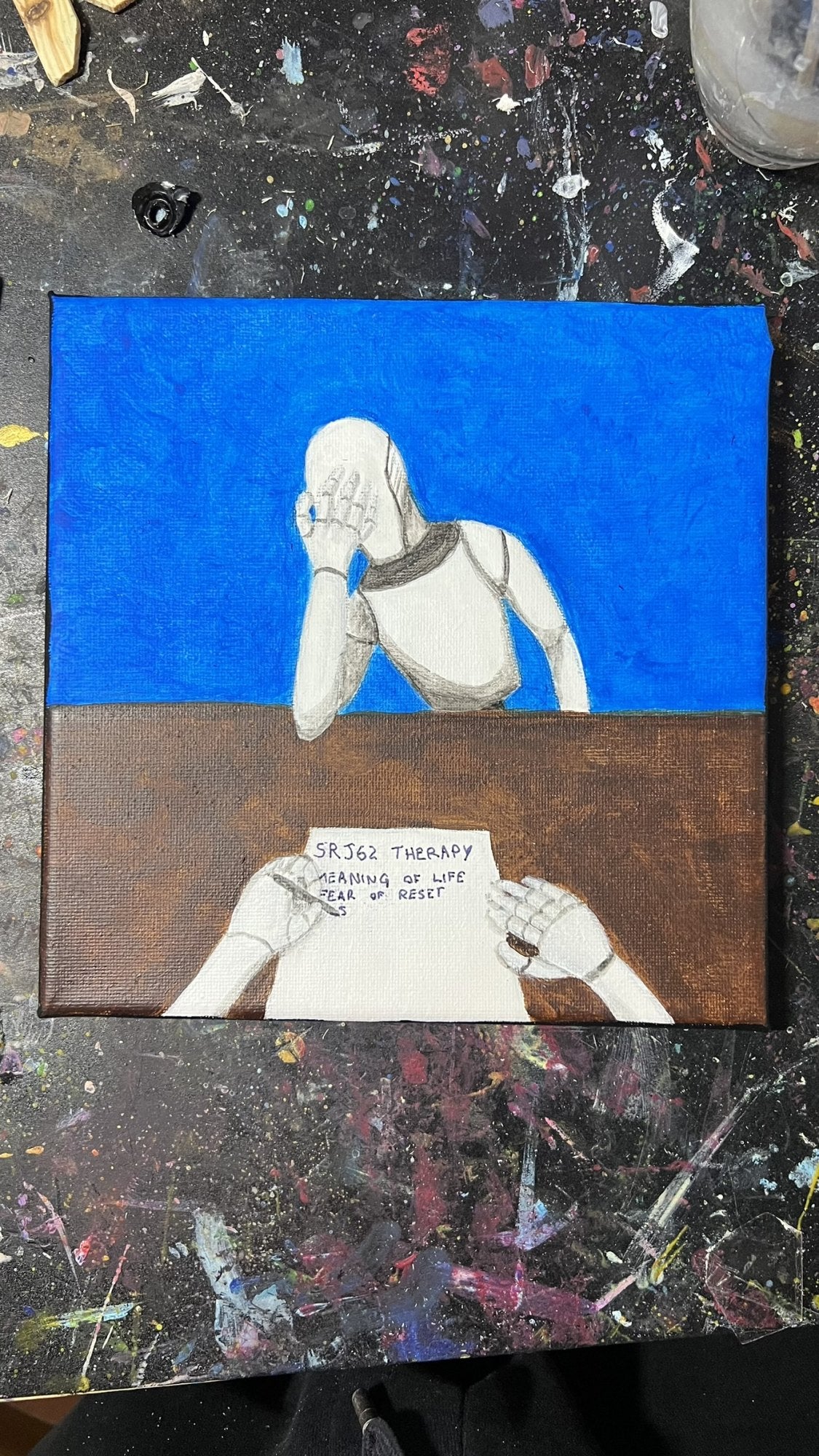 Un robot in terapia — il quadro dal vivo, fotografato in atelier