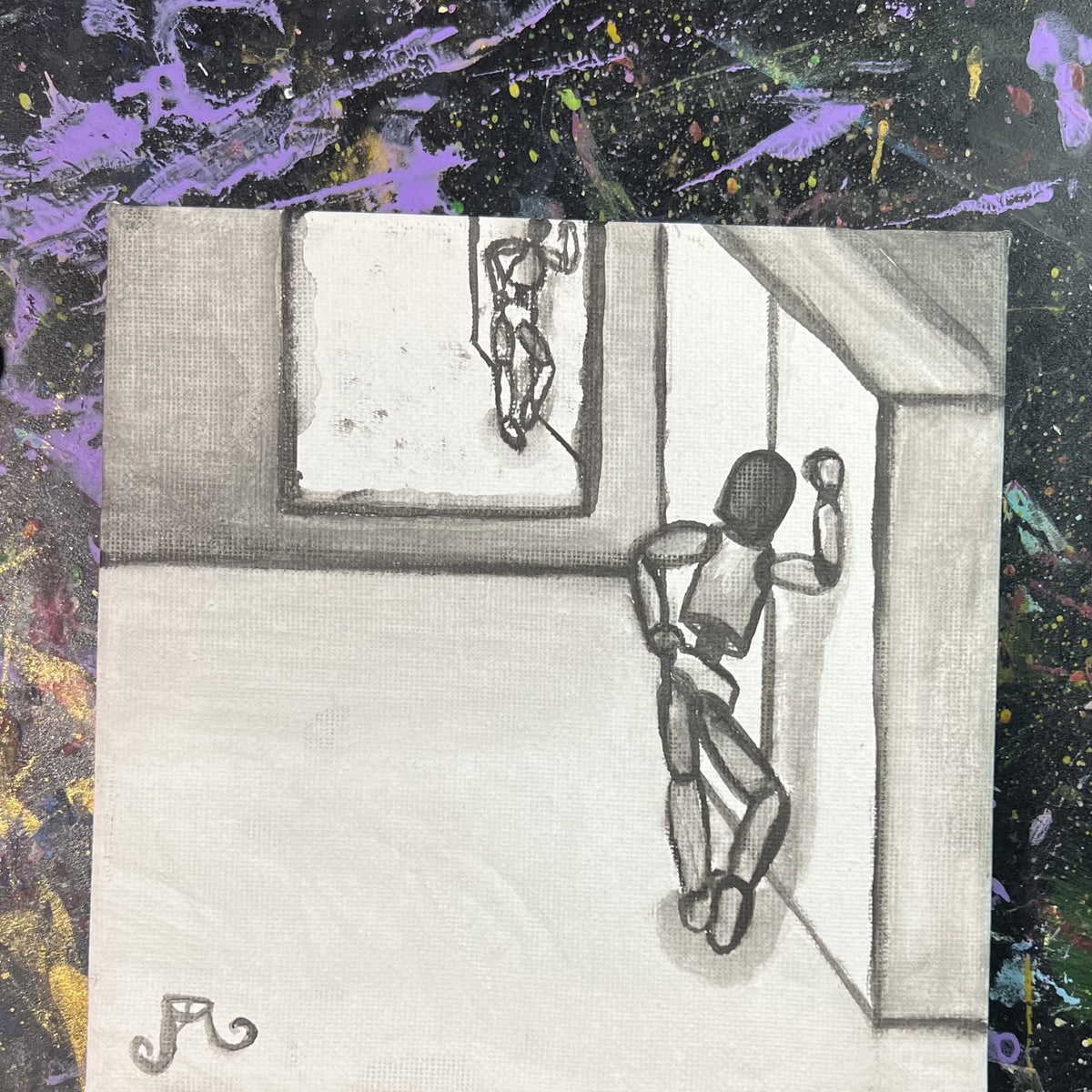 Un robot vanitoso, acrilico su tela 16x16 cm, BiancoMat