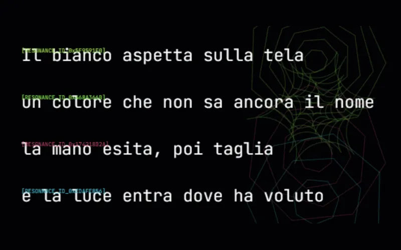 Una poesia di quattro versi e accanto i sigilli geometrici che il gioco ha dato a ogni verso
