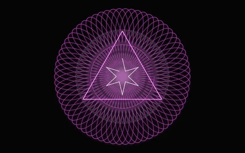Un sigillo numerologico disegnato dal gioco: un triangolo con una stella dentro un cerchio di anelli viola